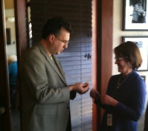 Jane Stevens receiving her Rotary Pin from Scott Wagner